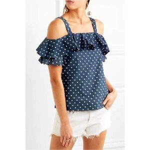 J. CREW NAVY POLKA DOT RUFFLE OFF THE SHOULDER BLOUSE